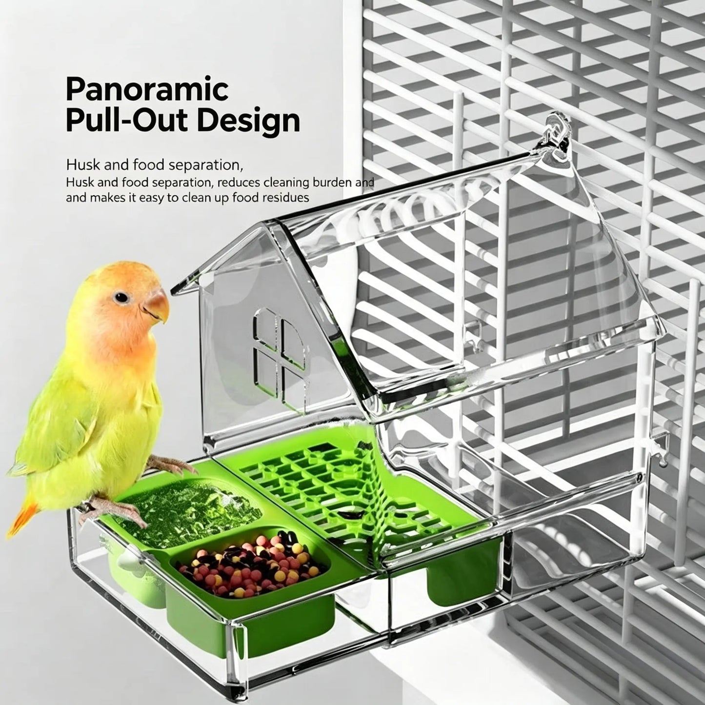 All-In-One Parrot Feeder & Bath with Panoramic Pull-Out Drawer