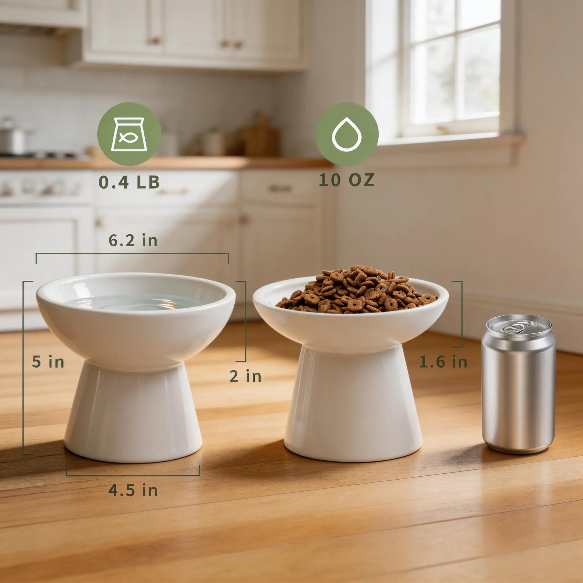 CEEFU 2-Pack Elevated Ceramic Cat Dog Food&Water Bowls – Shallow Food Bowl & Deep Water Bowl, 6.2" Wide, 5" Height, Avoid Neck Fatigue Whisker Relief, Lead & Cadmium Free, Pet Feeding Bowl White