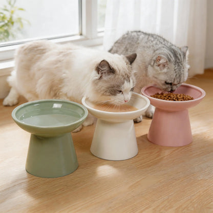 CEEFU 2-Pack Elevated Ceramic Cat Dog Food&Water Bowls – Shallow Food Bowl & Deep Water Bowl, 6.2" Wide, 5" Height, Avoid Neck Fatigue Whisker Relief, Lead & Cadmium Free, Pet Feeding Bowl White
