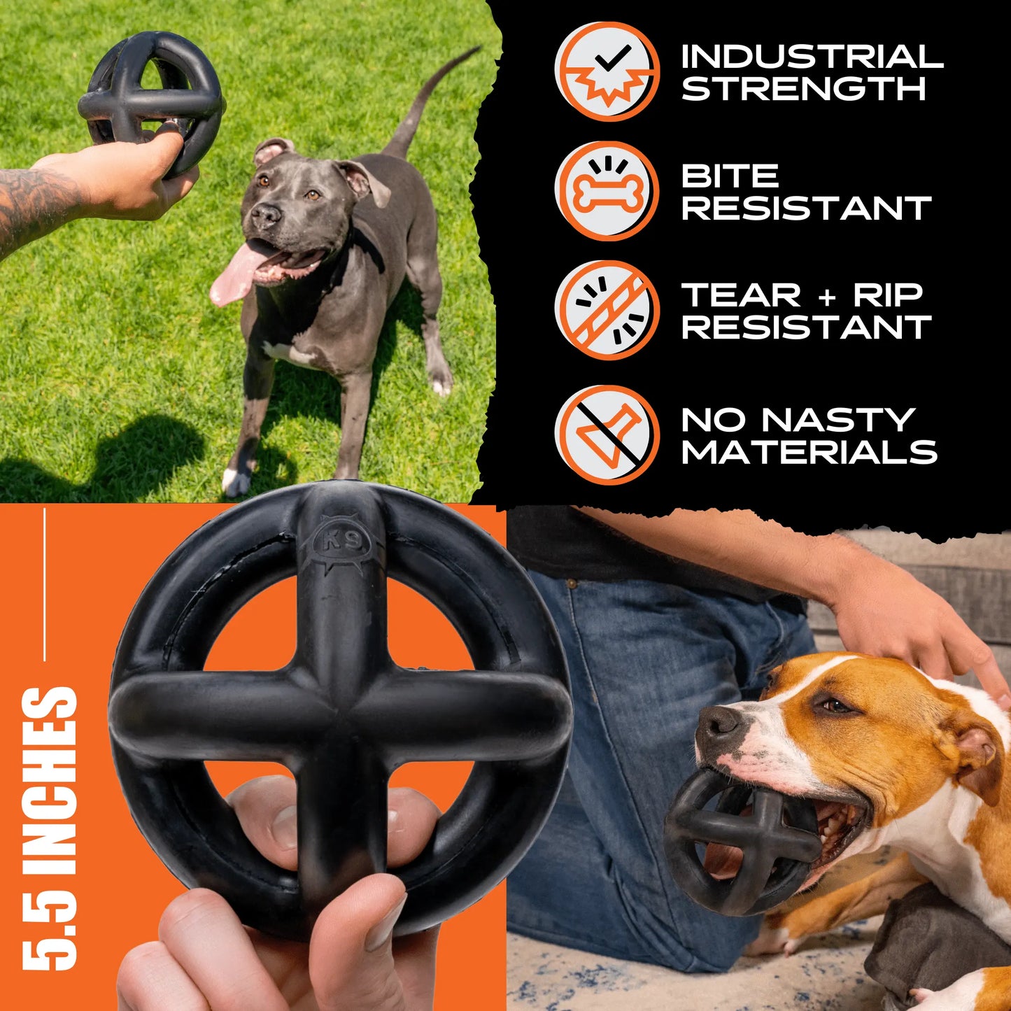 Monster K9 Ring Ball | Virtually Indestructible. Lifetime Guaranteed. | VULCRON Natural Rubber | Durable, Heavy Duty Dog Chew Toy for Aggressive Chewers | Medium & Large Breeds, 5.5”