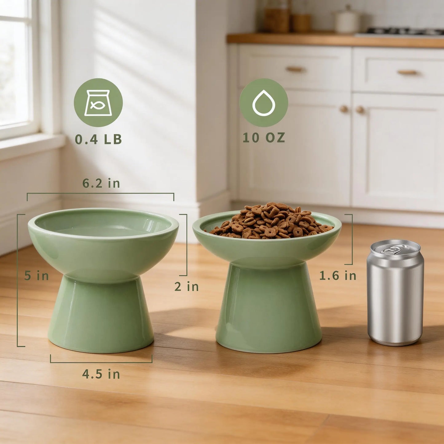 CEEFU 2-Pack Elevated Ceramic Cat Dog Food&Water Bowls – Shallow Food Bowl & Deep Water Bowl, 6.2" Wide, 5" Height, Avoid Neck Fatigue Whisker Relief, Lead & Cadmium Free, Pet Feeding Bowl White