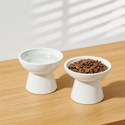 CEEFU 2-Pack Elevated Ceramic Cat Dog Food&Water Bowls – Shallow Food Bowl & Deep Water Bowl, 6.2" Wide, 5" Height, Avoid Neck Fatigue Whisker Relief, Lead & Cadmium Free, Pet Feeding Bowl White