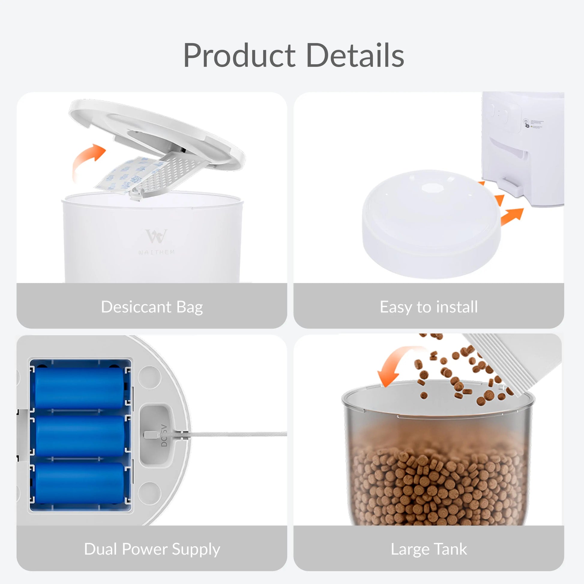 WAITHEM Wifi Smart Automatic Pet Feeder with 5G Wifi, 3L Airtight Seal Auto Feeding Dispenser for Cats/Dogs, APP Control, Dual Power Supply, Desiccant Bag for Fresh Food