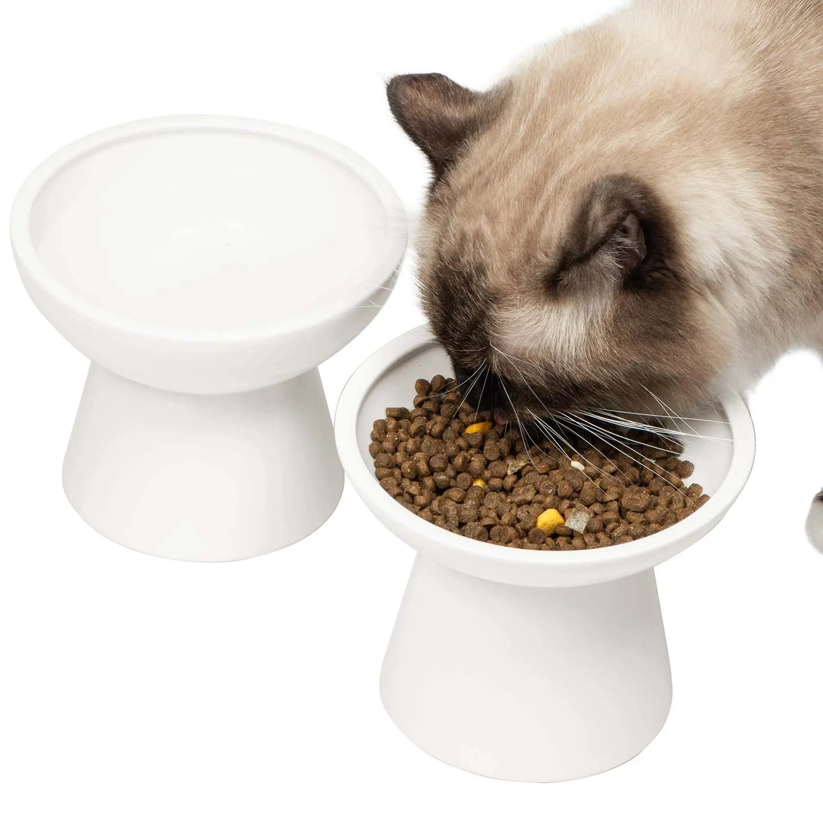 CEEFU 2-Pack Elevated Ceramic Cat Dog Food&Water Bowls – Shallow Food Bowl & Deep Water Bowl, 6.2" Wide, 5" Height, Avoid Neck Fatigue Whisker Relief, Lead & Cadmium Free, Pet Feeding Bowl White