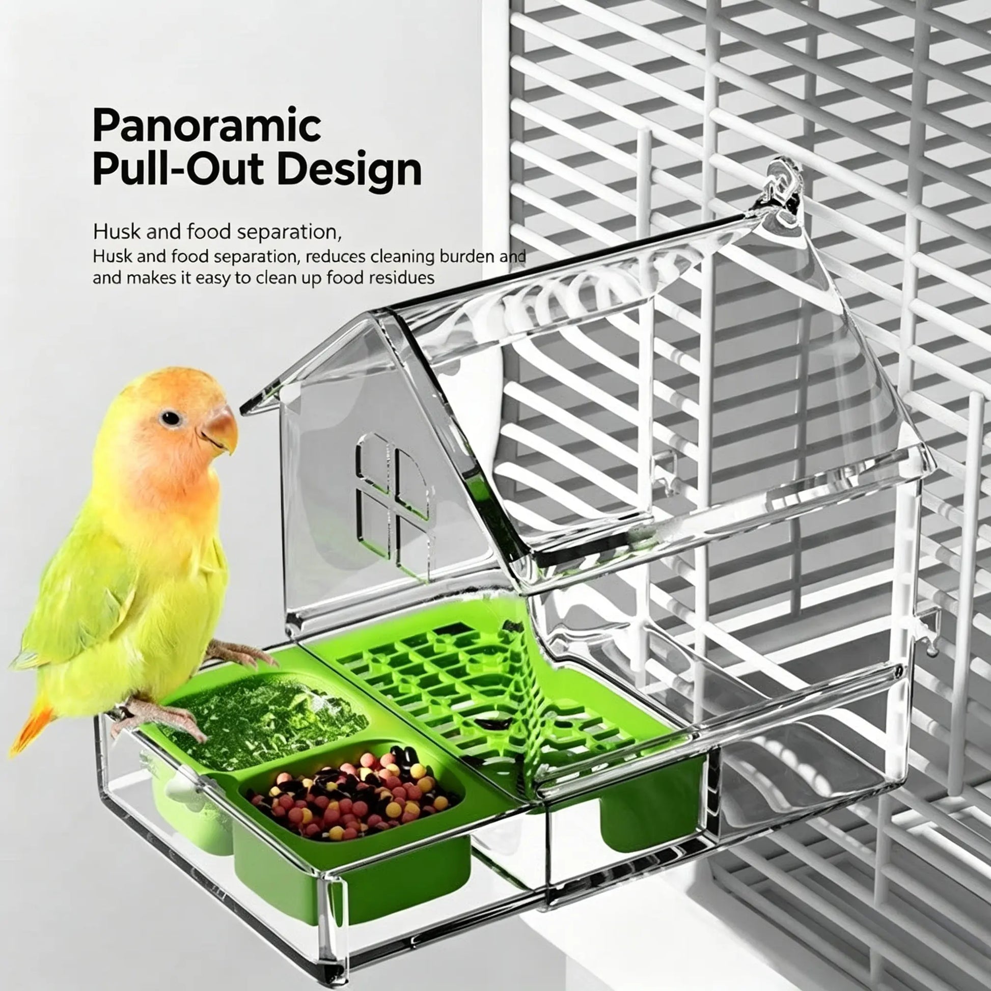 All-In-One Parrot Feeder & Bath with Panoramic Pull-Out Drawer
