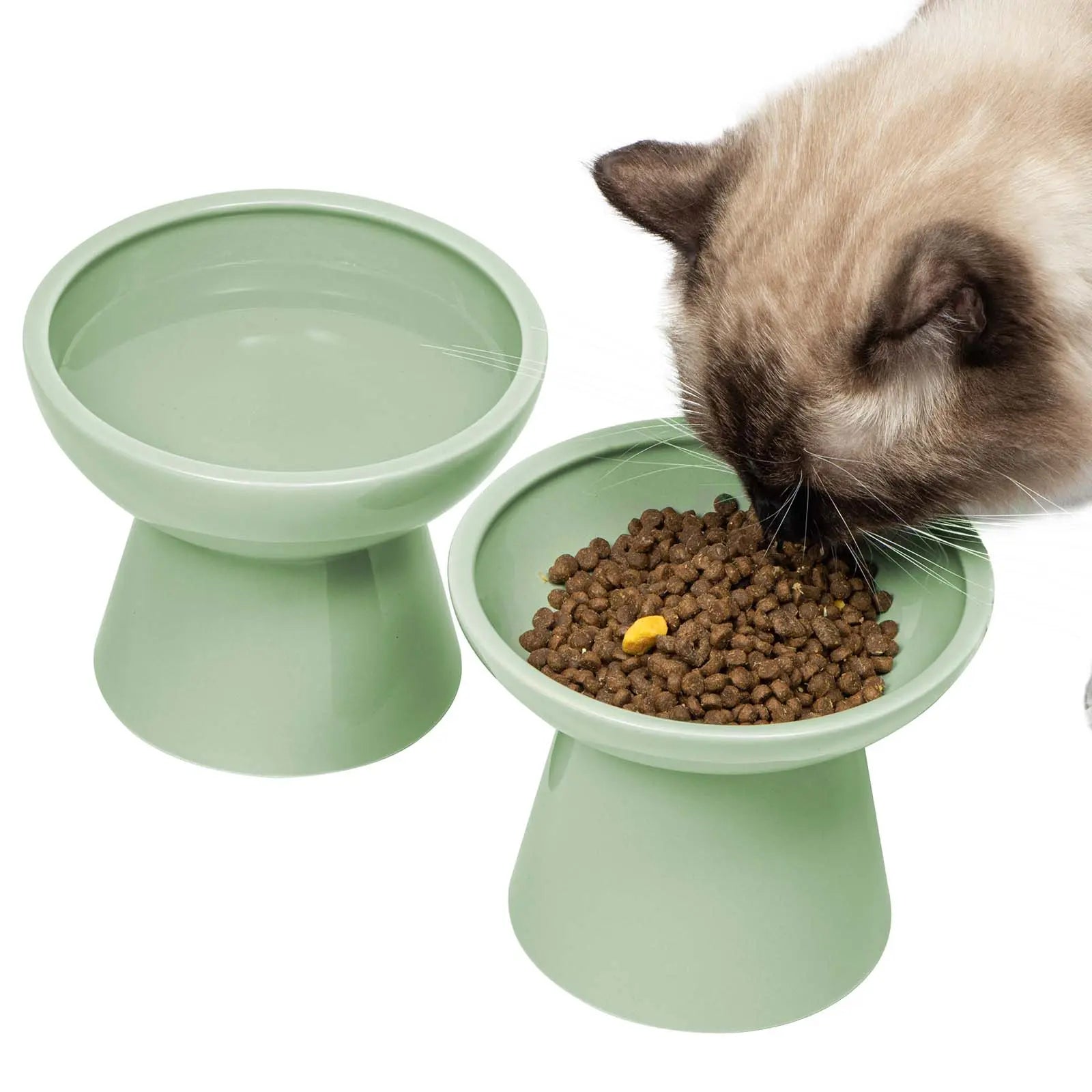 CEEFU 2-Pack Elevated Ceramic Cat Dog Food&Water Bowls – Shallow Food Bowl & Deep Water Bowl, 6.2" Wide, 5" Height, Avoid Neck Fatigue Whisker Relief, Lead & Cadmium Free, Pet Feeding Bowl White