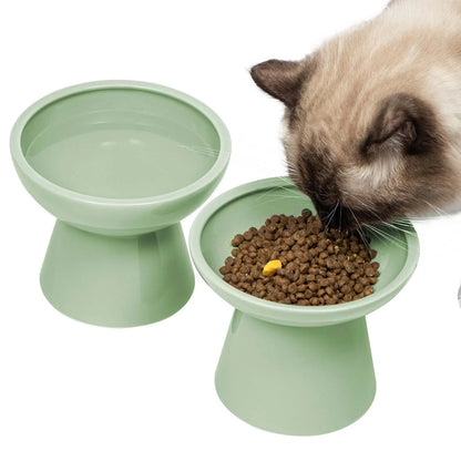 CEEFU 2-Pack Elevated Ceramic Cat Dog Food&Water Bowls – Shallow Food Bowl & Deep Water Bowl, 6.2" Wide, 5" Height, Avoid Neck Fatigue Whisker Relief, Lead & Cadmium Free, Pet Feeding Bowl White