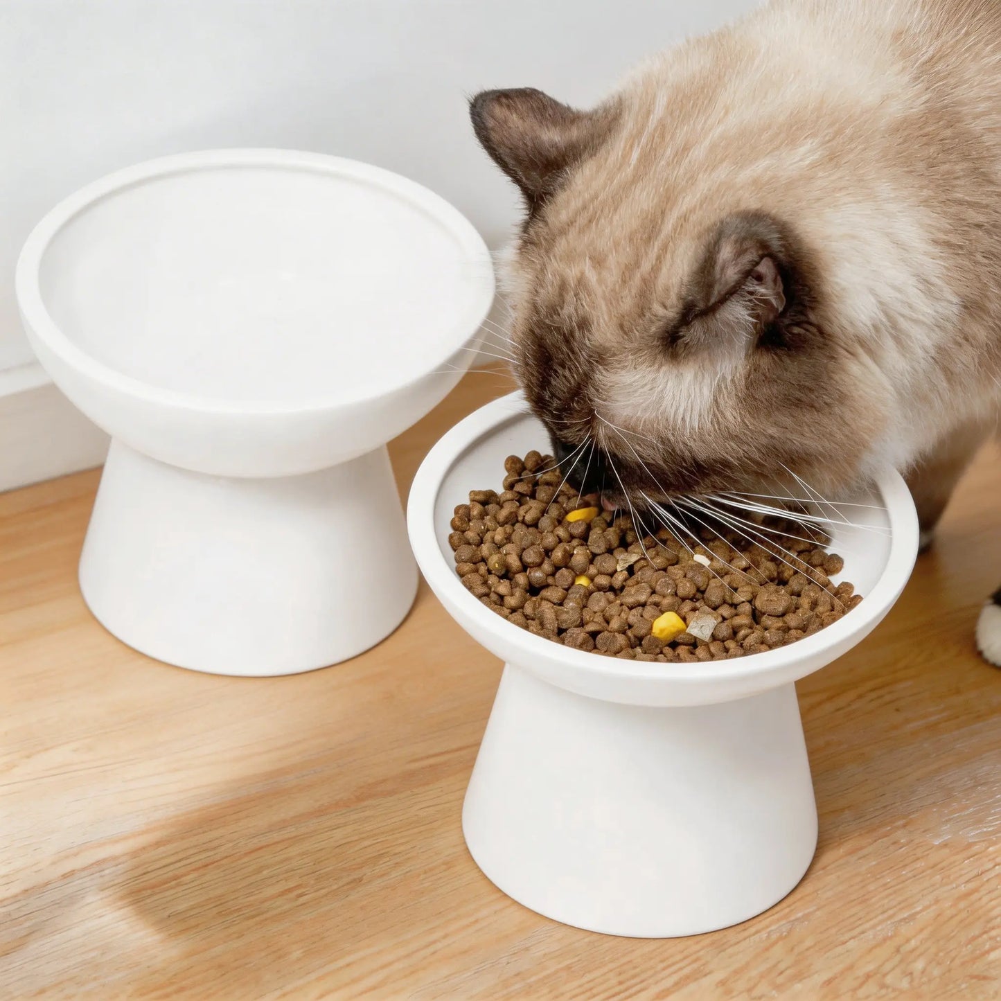 CEEFU 2-Pack Elevated Ceramic Cat Dog Food&Water Bowls – Shallow Food Bowl & Deep Water Bowl, 6.2" Wide, 5" Height, Avoid Neck Fatigue Whisker Relief, Lead & Cadmium Free, Pet Feeding Bowl White