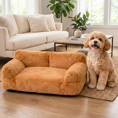 Cozy Pet Sofa Bed for Small to Medium Dogs & Cats All-Season Washable Couch with Supportive Bolsters Fits 2 Pets 35.4 X 21.7 X 10.2 in Brown Plush Fabric PP Cotton Filling Comfortable Indoor Lounger Outdoorfun