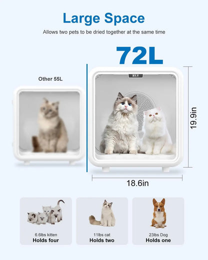 Pet Dryer Box for Cats & Dogs – 72L Quiet Hair Drying Machine with Adjustable Temp, Blow Air Function – Portable Dog Dryer for Home Bathing, Pet Drying Kit
