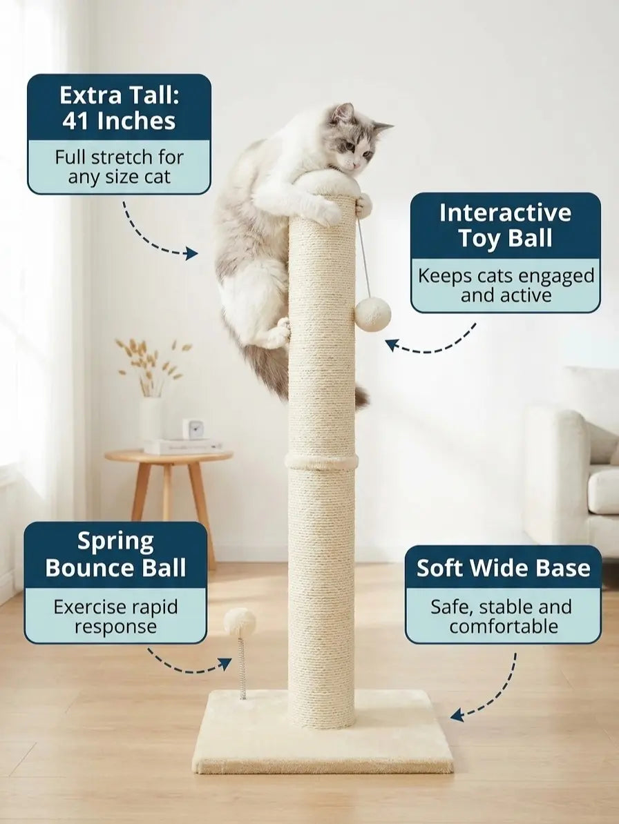 Pawrino Tall Cat Scratching Post – Sisal Scratching Post for Indoor Cats, Stable Base, Full Sisal Coverage, Replaceable Toy Wand
