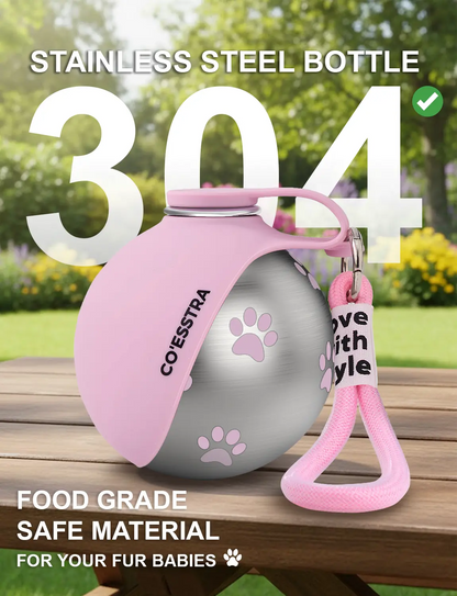 Stainless Pet Water Bottle with Drinking Basin — 285Ml Leak-Proof Travel Bottle for Dogs & Cats Perfect for Walks, Road Trips & Outdoor Play